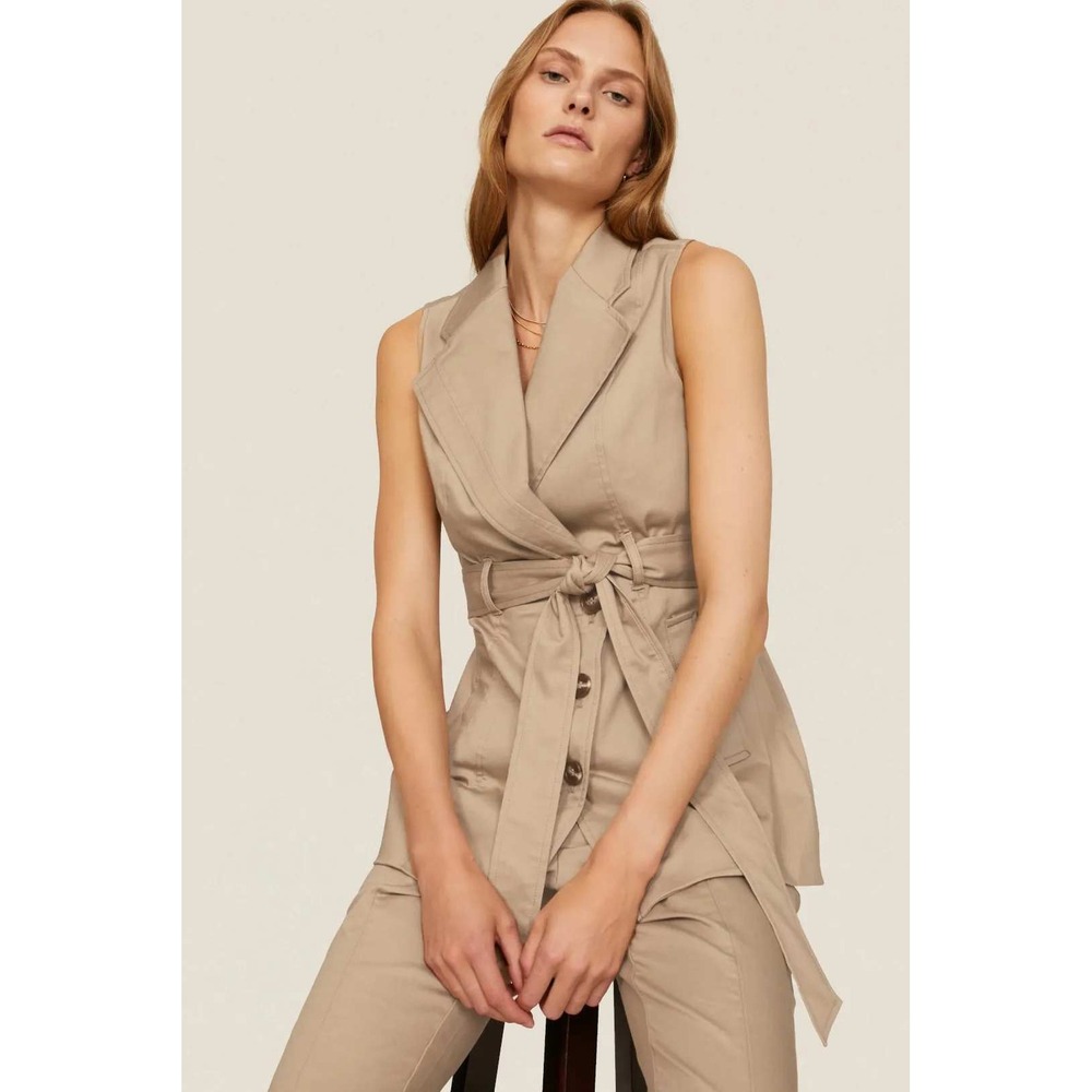 Toccin Safari Vest Tan Sleeveless Belted Utility‎ Notched Collar Pockets Sz 8
